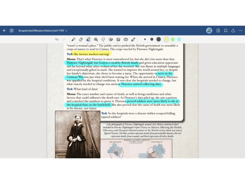 image of a screenshot showing a page in a history textbook with highlighted information about Florence Nightingale.