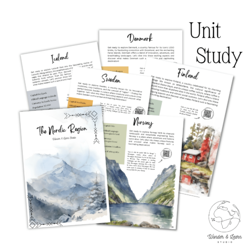 Cover image of a snowy landscape with the title the nordic region and 5 pages from the unit study one page shows fjords another a finish cabin by the lake