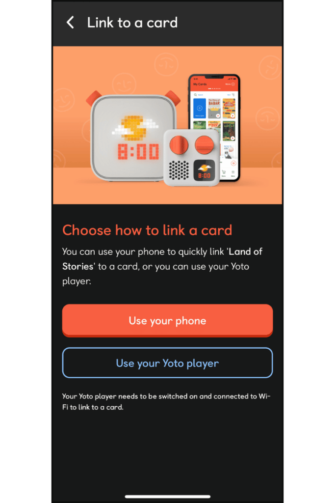 Screenshot of the choose how to link a card page in the Yoto app.