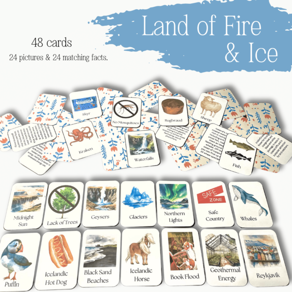 Image of different image and fact cards from the Land of Fire & Ice Matching Game