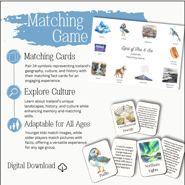 Informational page about the land of fire and ice game with icons for matching cards, exploring culture and adaptable for all ages