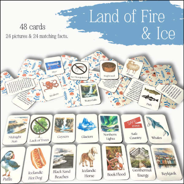 Display of cards from the Land of Fire & Ice Matching game including a puffin, icelandic horse, geothermal energy, blank sand and more