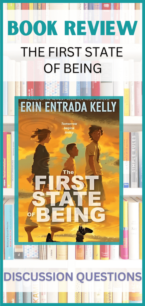 Image of a pinterest pin with the cover of the book the first state of being with the title Book Review