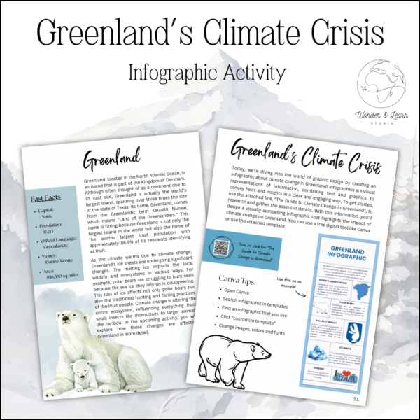 Two pages from the Greenland's Climate Crisis lesson and infographic activity.