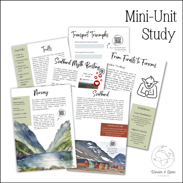 6 pages from the norway mini unit study including images of fjords, mountains and Norwegian trolls