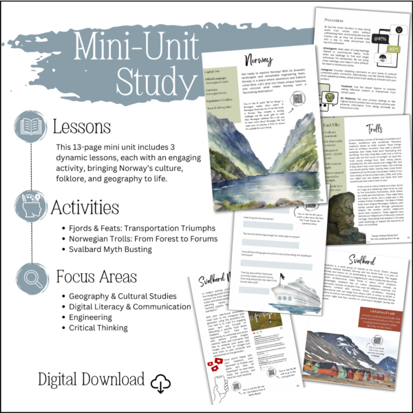 6 pages from the norway mini unit study along with icons for lessons, activities and focus areas