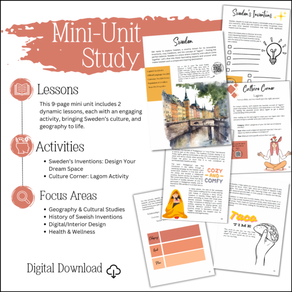 6 images from the Sweden Mini Unit Study along with icons for lessons, activities and focus areas